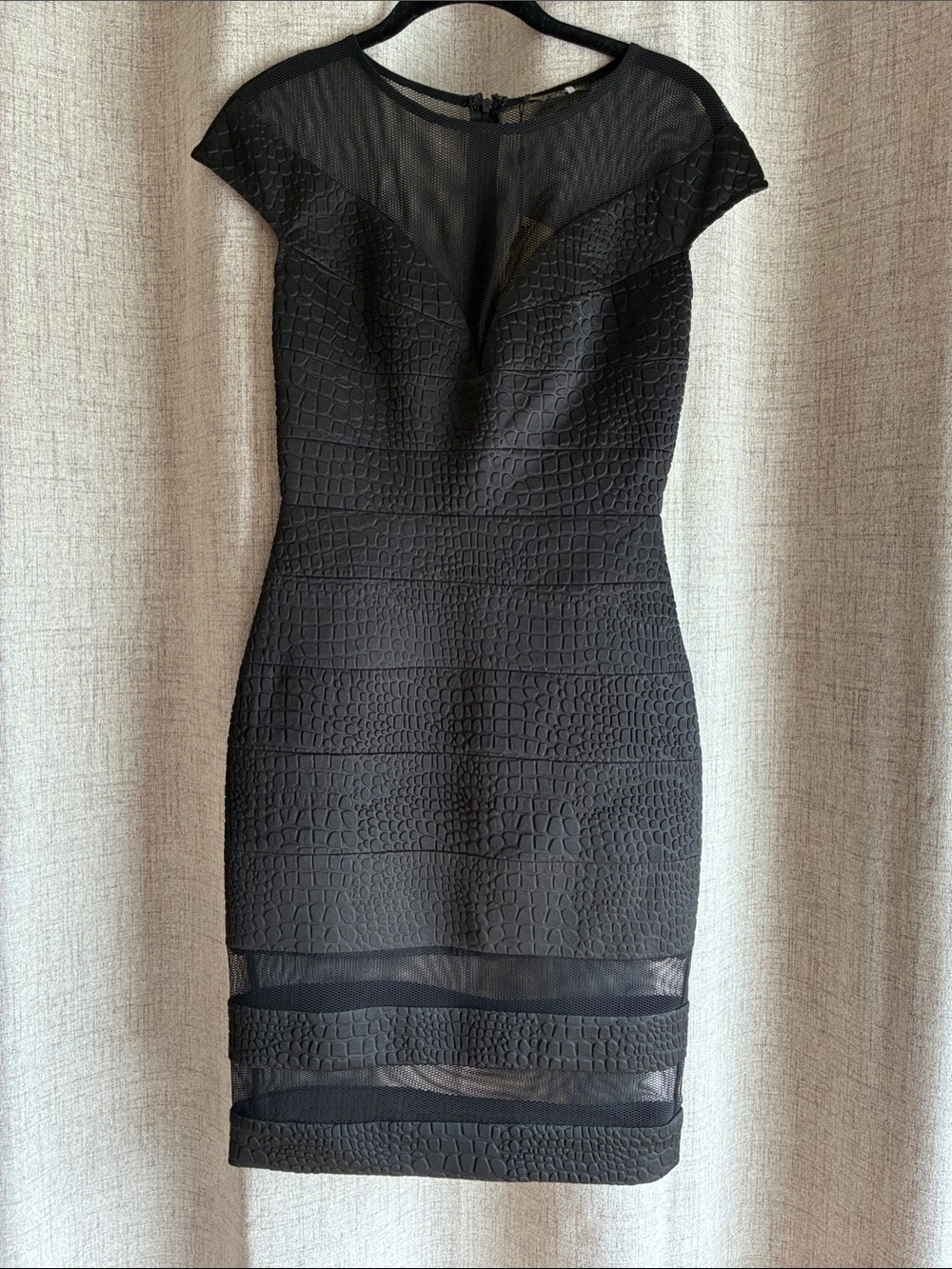 Alberto Makali Black Textured Sheath Dress with Mesh Insets